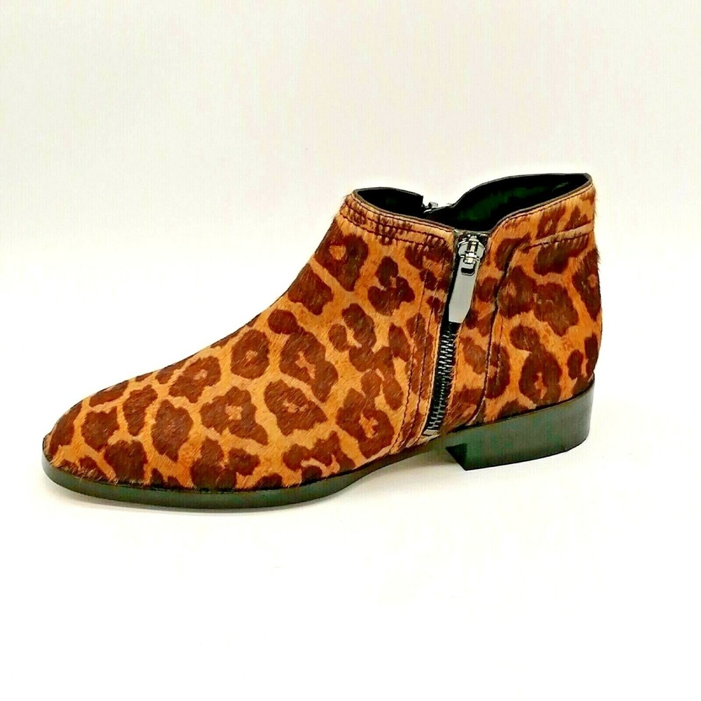 27 Edit Shoes Womens Capree Brown Leopard 7.5 Cow Fur Ankle Boot Dual Zip NEW‎
